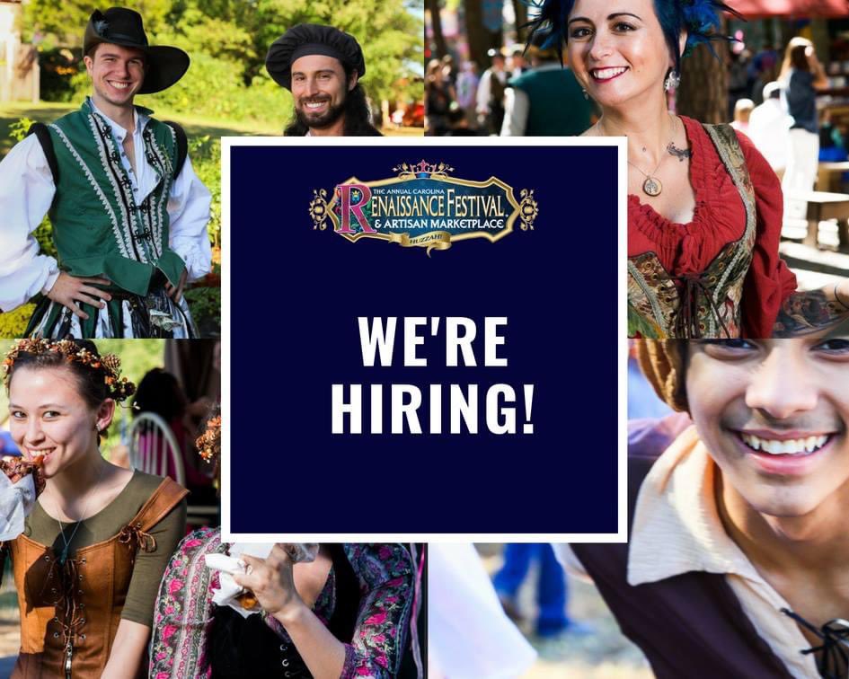 Job Fair!!  
Saturday, September 10th
10am - 2pm
At the Festival Fairgrounds:
16445 Poplar Tent Road
Huntersville, NC 28078

Meet management, apply, interview, and process your paperwork all in one visit!

The Festival is hiring ~ 350 employees!  It takes a village!