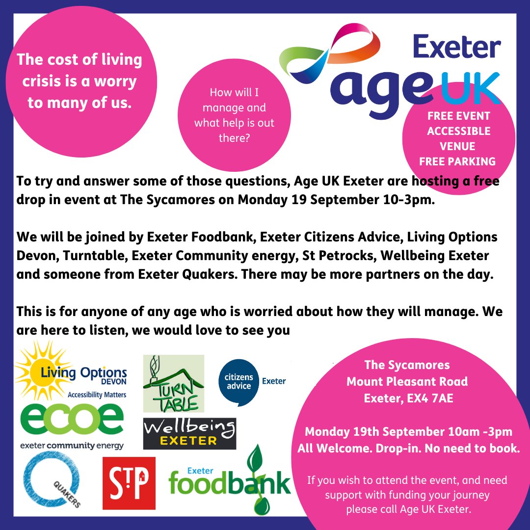 The cost of living is a worry for us all.  Age UK Exeter and partners are hosting a free event which is open to everyone.