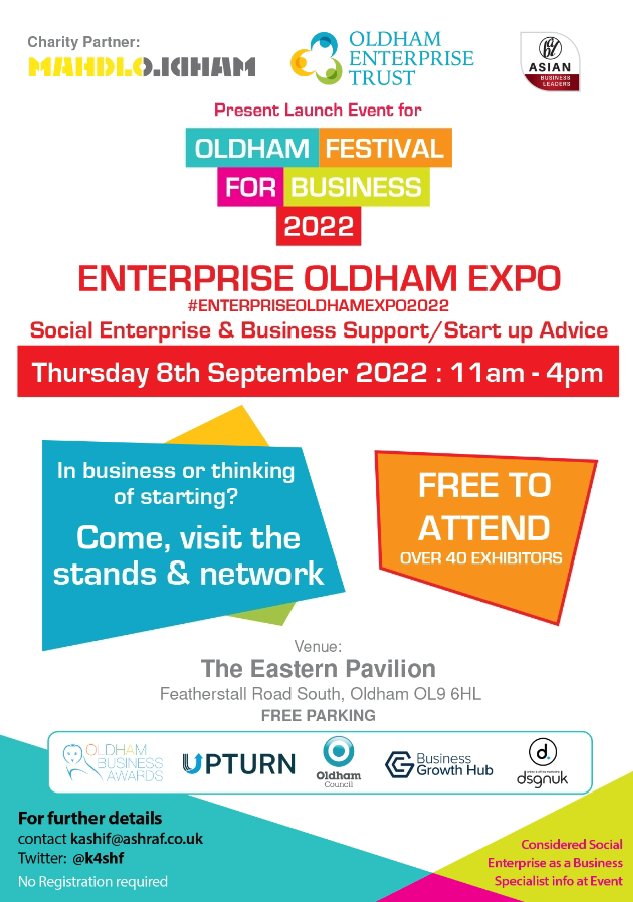 10 days until the #EnterpriseOldhamExpo 2022 event organised by @k4shf 

Come and visit the stands and network with those who are proud to support businesses in Oldham. We hope to see you there! 

#VisitOldhamExpo
#SupportOldham
#TheEasternPavillion
#Oldhamhour
#OldhamCouncil