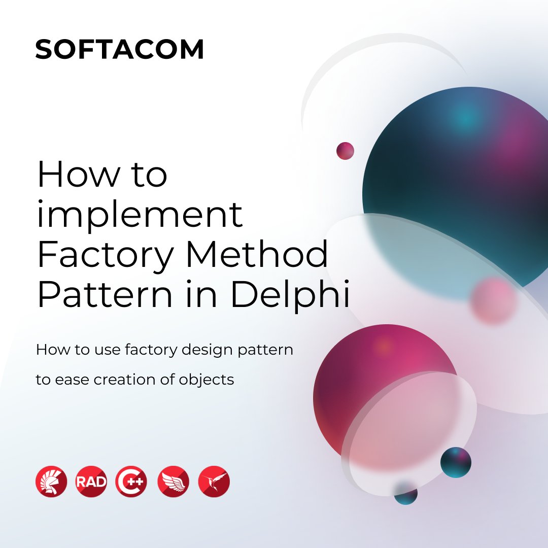 natali110686's tweet image. In this article, we offer you to have a look at the Factory Method – Design Pattern. We will explain what it actually is, what problems it solves, what pros and cons it has, and how we can implement it in Delphi.
softacom.com/blog/factory_m…
#Delphi #Embarcadero #FactoryMethod