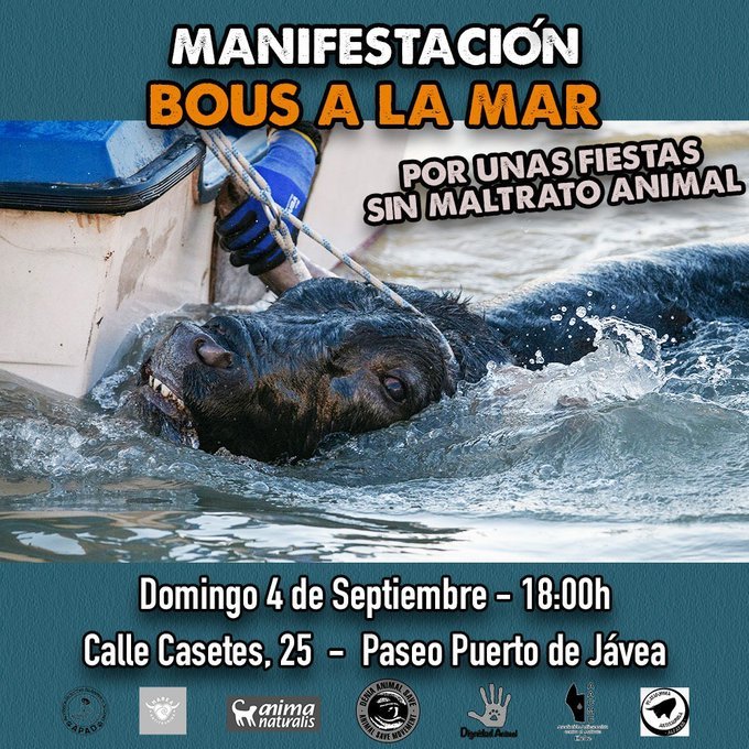 amaregar's tweet photo. Manifestación Antitaurina 
Domingo4 de septiembre 18:00
C/ Casetes 25 - Paseo Puerto de Jávea, Alicante.
Juntos en contra de la despreciable tauromaquia 
#BousALaMar 
Iniciativa de Denia Animal Save
Se une @AnimaNaturalis  
Tu Asistencia es vital 
Para acabar la Injusticia Animal https://t.co/RCnf5loUfQ