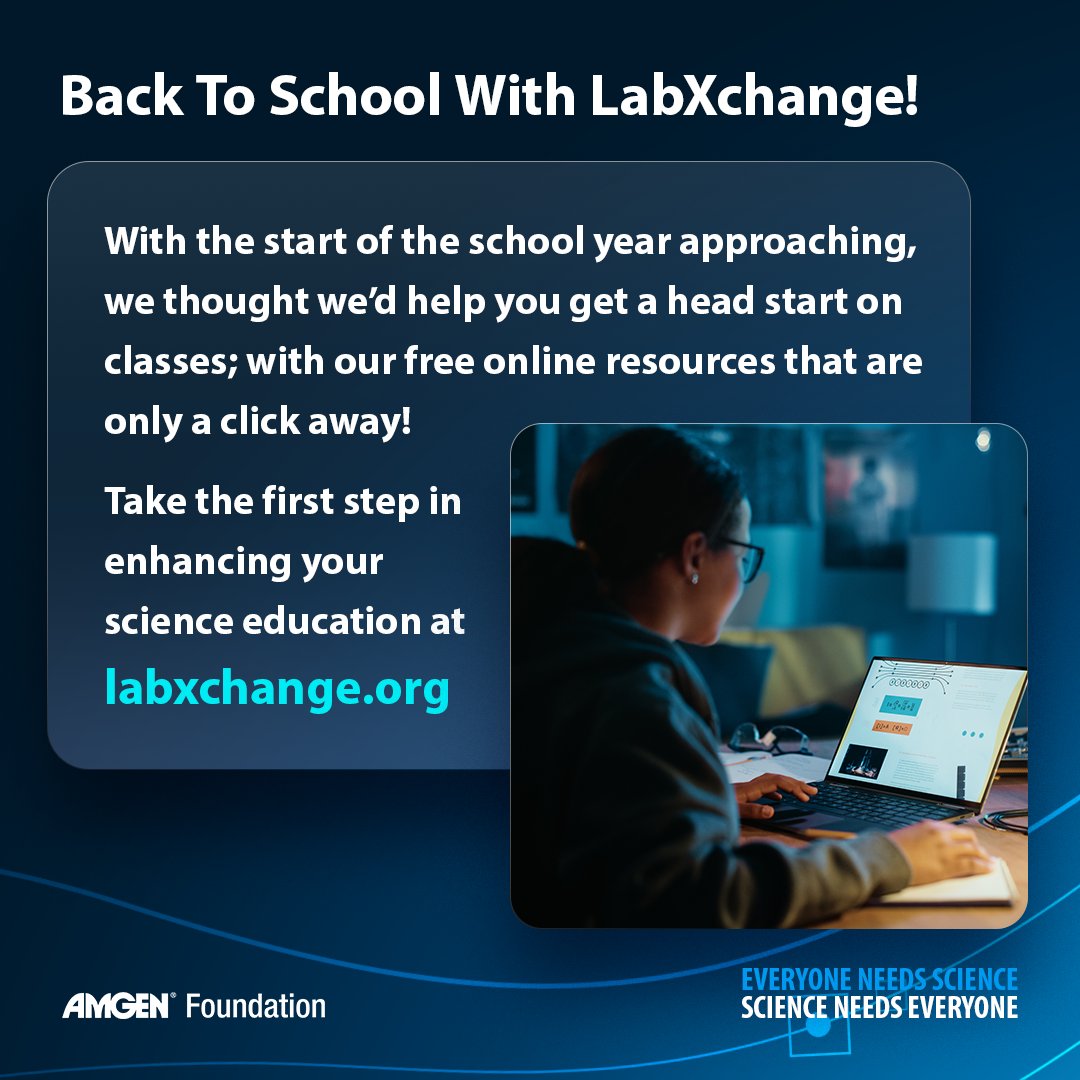 .<a href="/LabXchange/">LabXchange</a> has an endless catalog of resources for students and teachers to prepare you for the new academic year. #AmgenFoundation