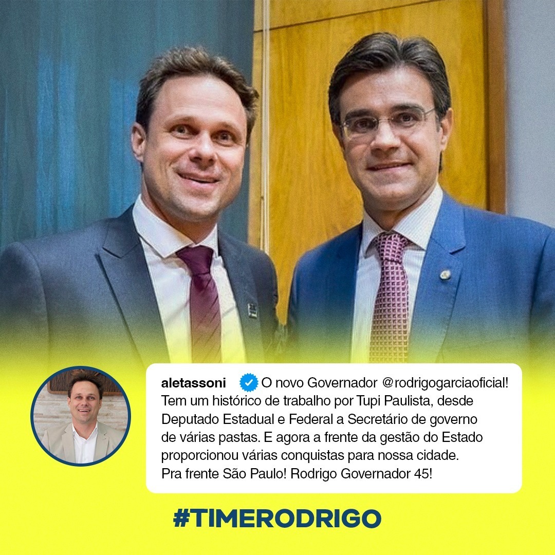time_rodrigo's tweet photo. O prefeito de Tupi Paulista, Alexandre Tassoni, vota e apoia Rodrigo Garcia 4⃣5⃣

Venha você também para o #TimeRodrigo e vamos eleger o candidato mais preparado para governar São Paulo.

#Rodrigo45 #RodrigoGarcia #GovernadorIndependente https://t.co/hjTWgQJLdr