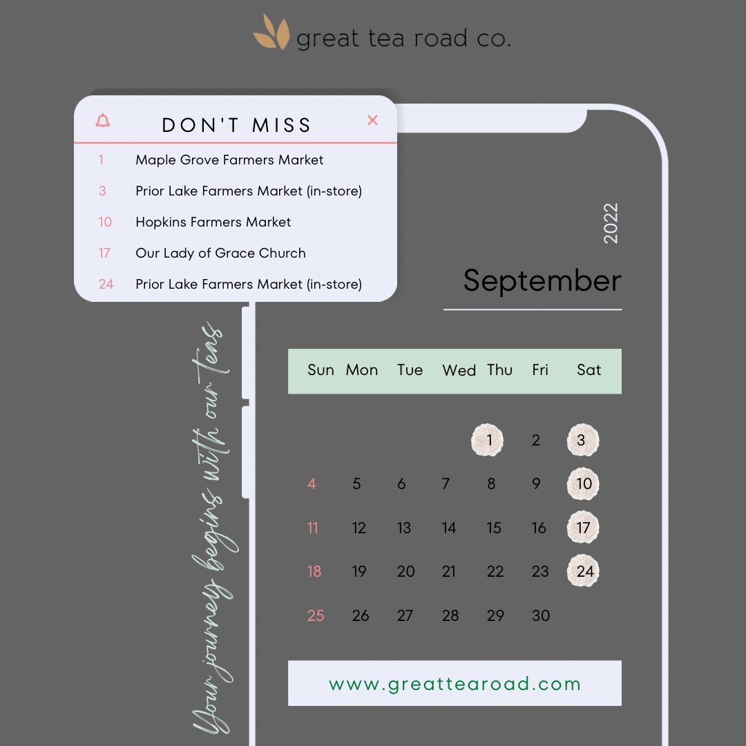 Greattearoad's tweet photo. Here are our September events!
If you’d like to pick up teas, you can let us know via email at service@greattearoad.com

Grab your teas 🛒 https://t.co/tRIrKNSrPd

#drinkteabemerry #greattearoad #minnesota #teahouse https://t.co/lu7Z2v2v4I