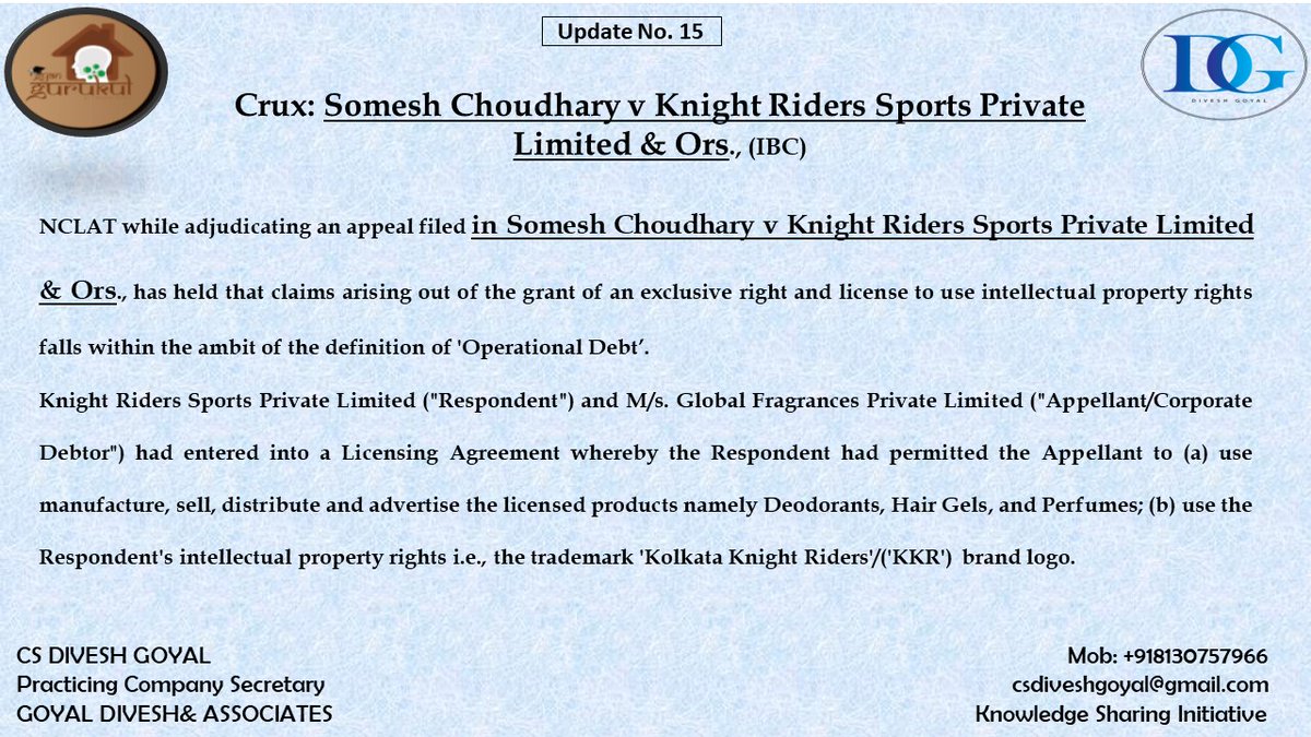 DiveshGoyal04's tweet photo. IBC: Intellectual Property Right falls within the ambit of the Operational Creditor.
To receive latest Updates on Corporate Law you can join our WhatsApp Group Gyan Gurukul by click on below Link:
https://t.co/xpw22jrSnE
#bornforcs #proudcs #icsi #icai #icsielection https://t.co/3tU3X9Bai1