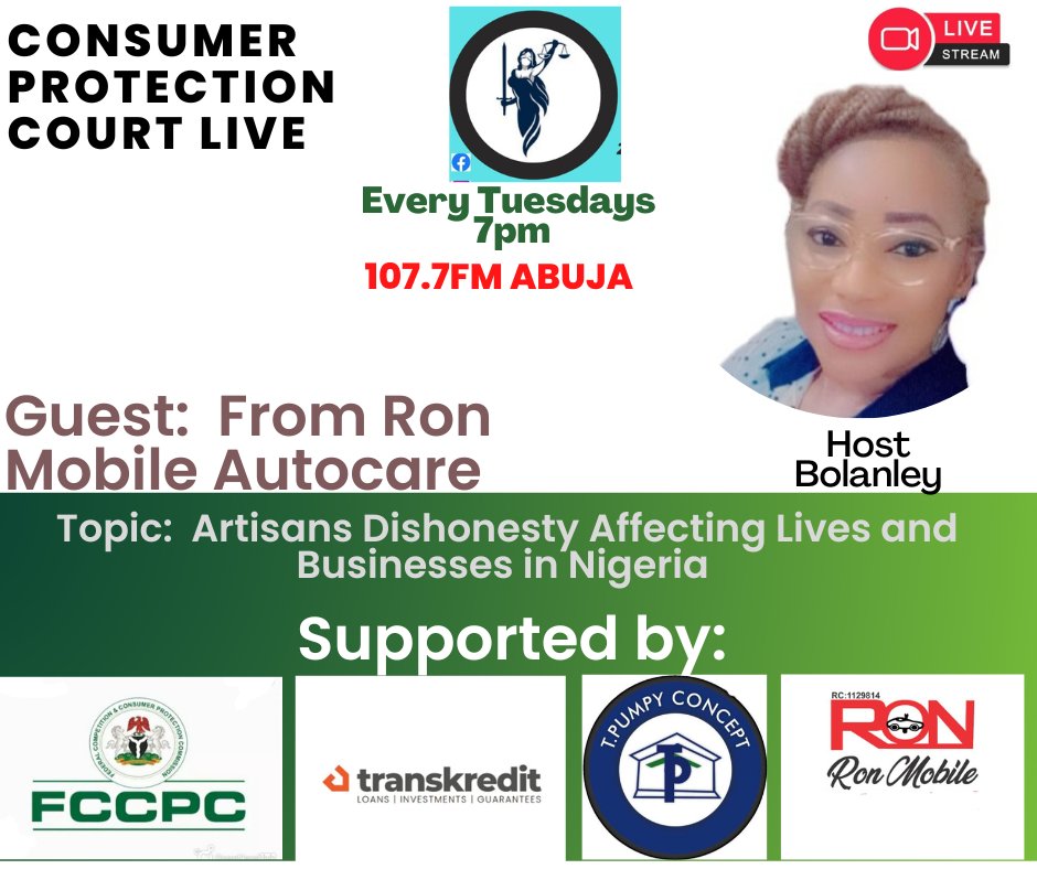 ConsumerPCR's tweet photo. Join us at 7pm this evening on 107.7fm Abuja on our Facebook platform  @consumerProtectionCourt as we discuss the Topic Artisans Dishonesty Affecting lives &amp; Businesses in Nigeria.
@Transkredit @LtdMfb @AdronHomes 
@cenbank 
@fccpcnigeria 
@officialEFCC 
@fultonhomes https://t.co/DKnUpXUAaX