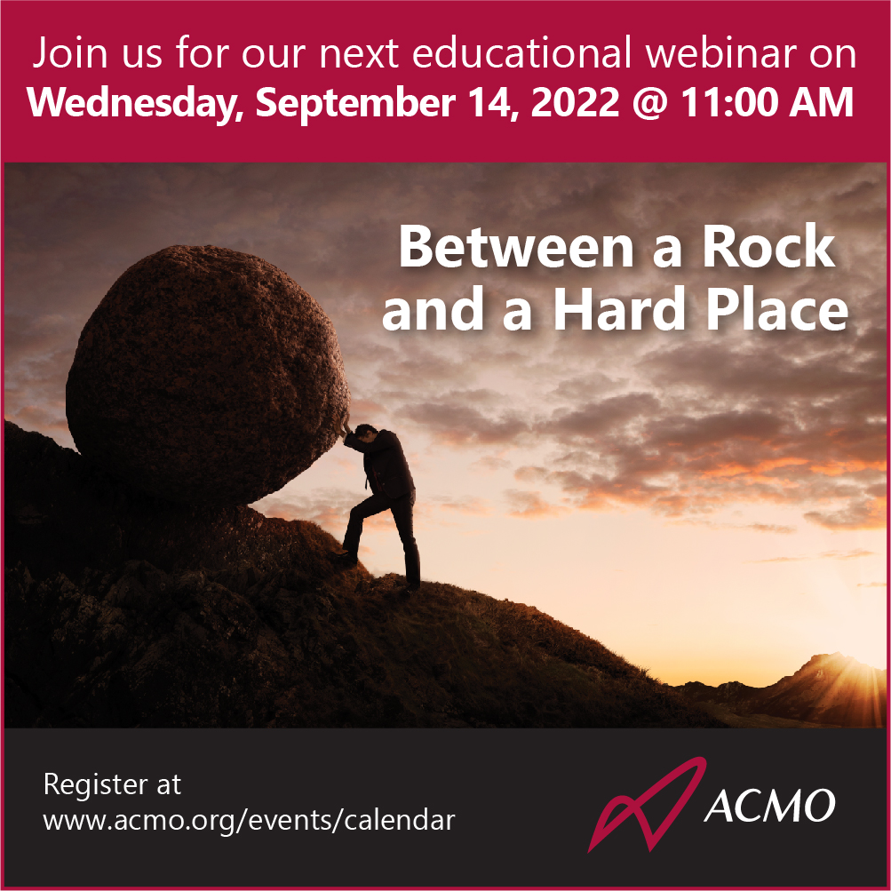 ACMO_org's tweet photo. Join us for our next webinar, "Between as Rock and a Hard Place," As we discuss a variety issues managers face daily, on Wednesday, September 14 @ 11:00 am. Register today at https://t.co/hOdbB1GqCp
#ACMOWebinar #CondoBoard #CondoManager #ContinuingEducation #CondoBusiness https://t.co/sG1RK6RiYb
