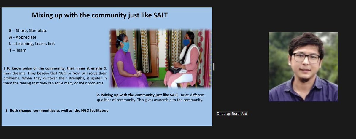 "Mixing up with the community just like SALT,  taste different qualities of community. This gives ownership to the community" by Dheeraj @SLEvAWebinar 

#APCHub #Eval4Action 

<a href="/APEAeval/">Asia Pacific Evaluation Association</a> <a href="/EvalyouthAsia/">EvalYouth Asia Chapter</a> <a href="/eval_gpf/">GPF for Evaluation</a>   <a href="/Eval_Youth/">EvalYouth Global Network</a> <a href="/ECOI_India/">ECOI</a>  <a href="/faithfoundati12/">Faith Foundation Shillong</a> <a href="/Global4Children/">Global Fund for Children</a>