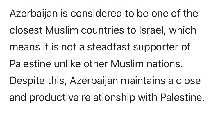 @cocainejihadi @onlyfalastini @99th_ofhisname Armenia supports Palestine statehood while Azerbaijan is one of the closest Muslim countries to Israel (but they also recognize Palestine). Regardless, any support of Israel is tacit approval of Apartheid and the genocidal occupation. 

So I’ll have to side with Armenia on this.