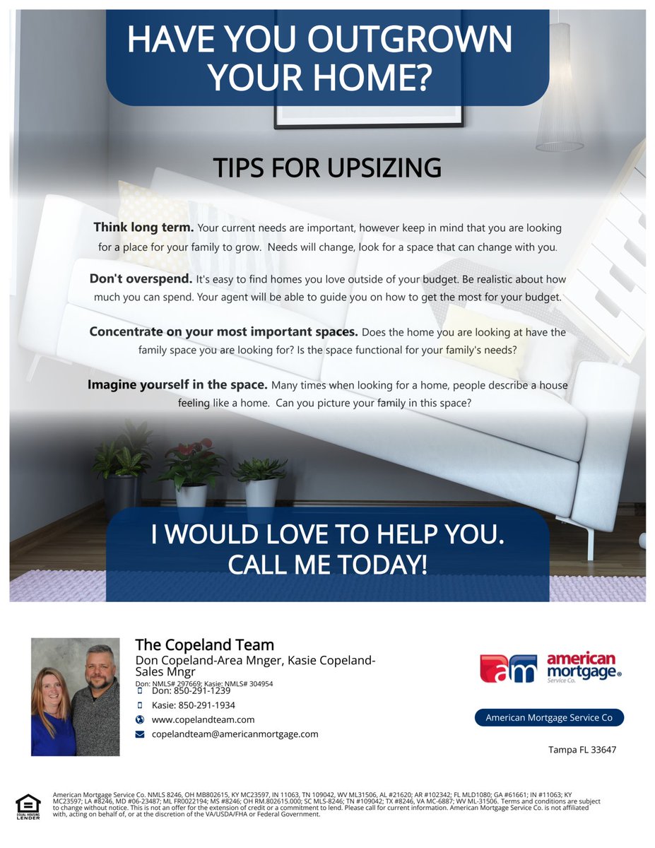Things to think about when you've outgrown your home and thinking about upsizing.  Feel free to reach out to us so that we can help you.  CopelelandTeam.com
#newhome #Outgrown #Upsizing #helpinghand #RealEstate #MortgageLender