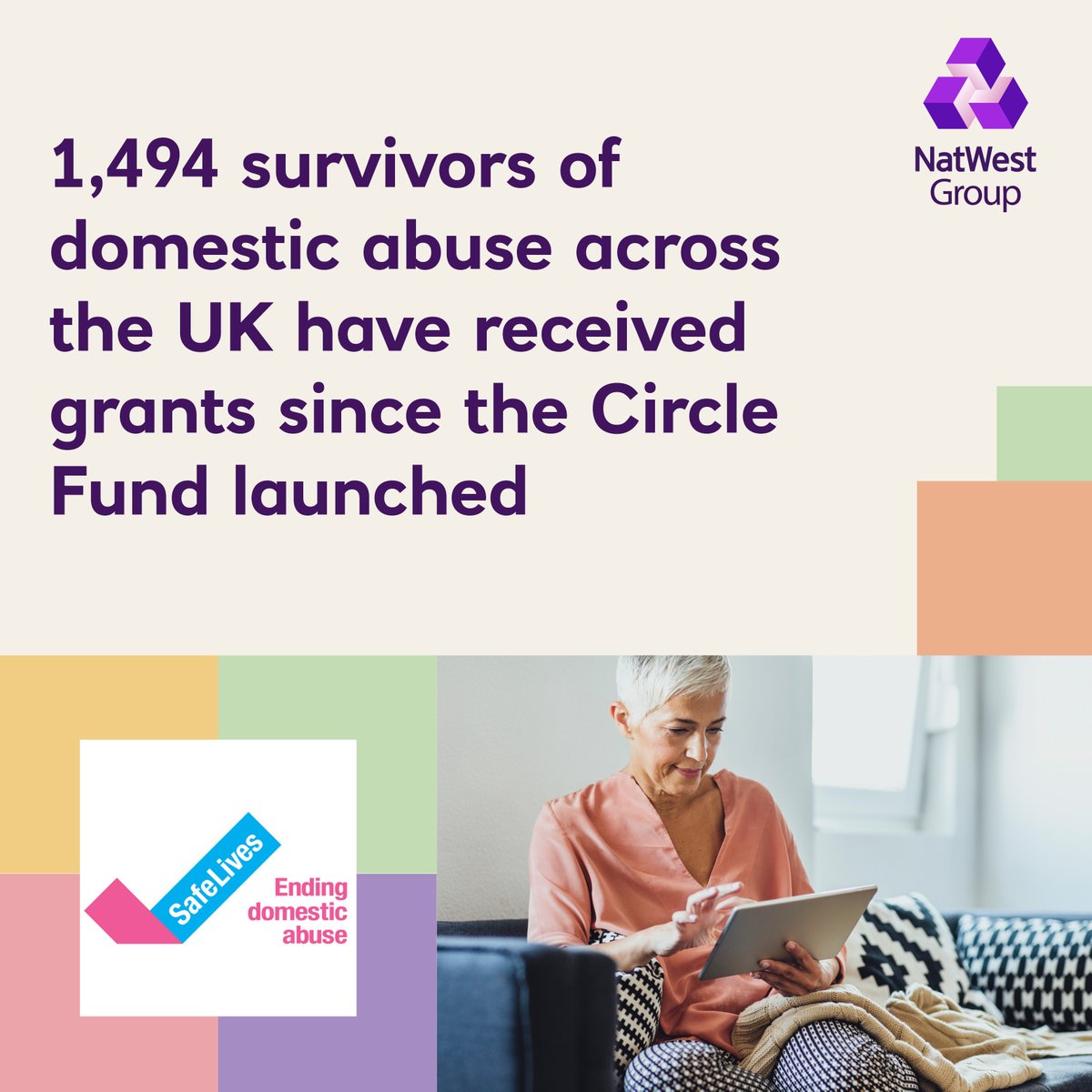 NatWestGroup's tweet photo. Since 2020 we’ve been working with @safelives_ to support domestic and economic abuse survivors via a £1m donation to the Circle Fund.

So far the Fund has helped nearly 1500 survivors through 123 frontline services. 

Here's more on our work:
