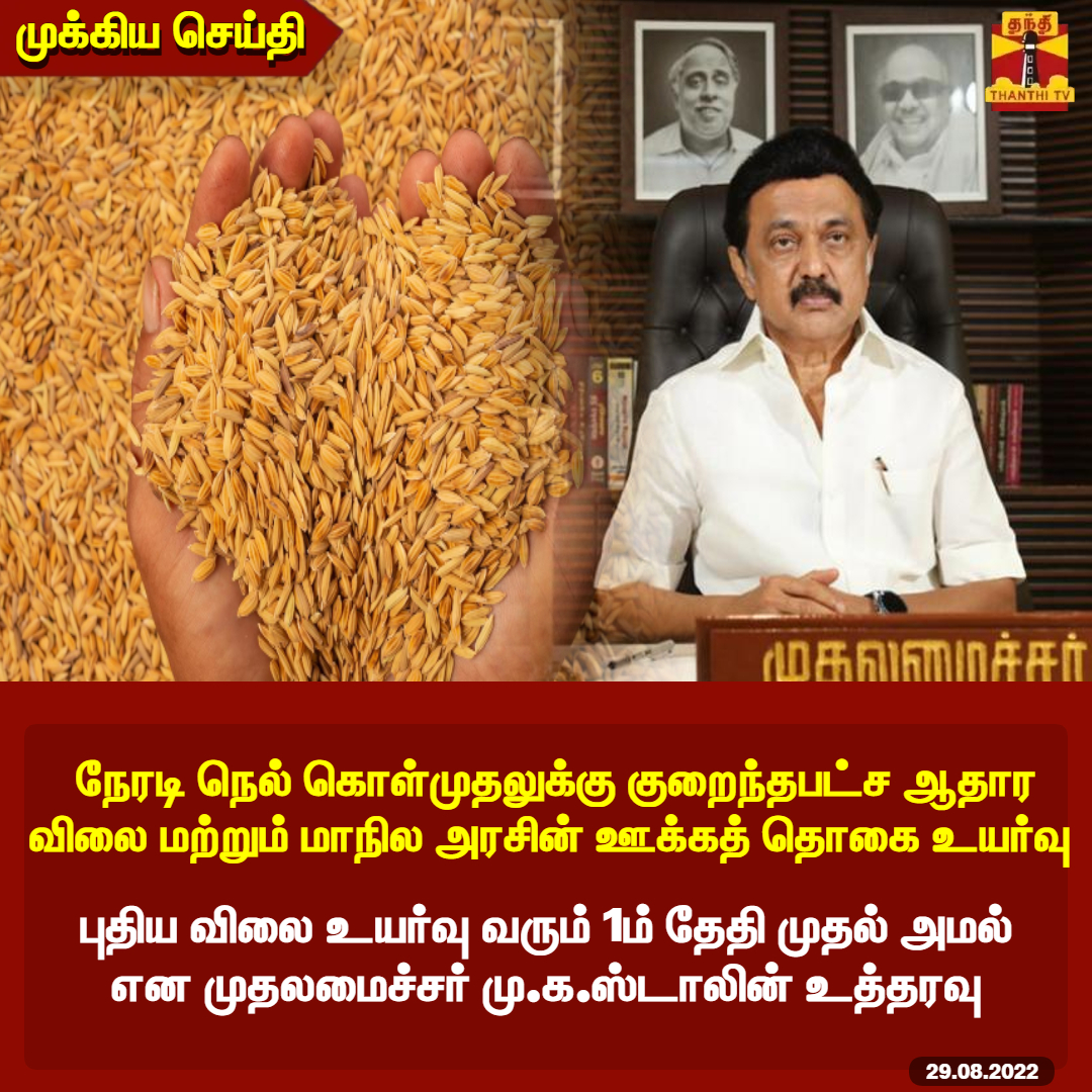 ThanthiTV's tweet photo. #Breaking :|| நேரடி நெல் கொள்முதலுக்கு குறைந்தபட்ச ஆதார விலை மற்றும் மாநில அரசின் ஊக்கத் தொகை உயர்வு 

புதிய விலை உயர்வு வரும் 1ம் தேதி முதல் அமல் என முதலமைச்சர் மு.க.ஸ்டாலின் உத்தரவு

#Padddy | #MSP | #Mkstalin | #ThanthiTV https://t.co/dMfMifpTcE