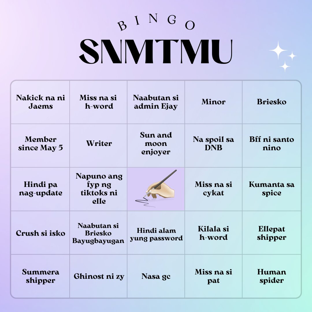 snmtmu_'s tweet photo. SNMTMU Bingo
qrt with your answer https://t.co/Q8eEyFJLHQ