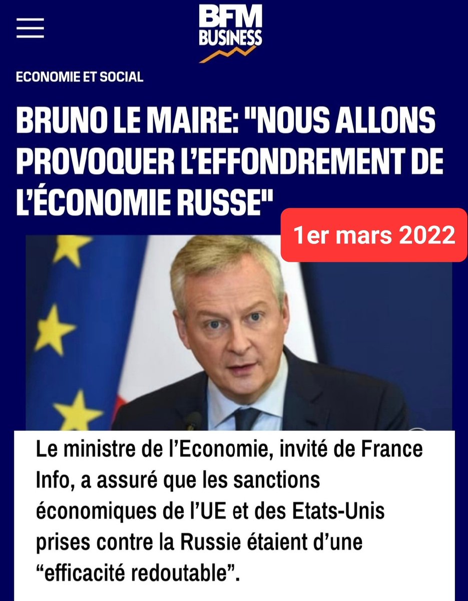 CryptoTst's tweet photo. @DeItaone Bruno le Maire 1st March 2022 : France and the EU are going to "wage total economic and financial war on Russia", with the aim of "causing the collapse of the Russian economy". https://t.co/X3nsEJ0O1T