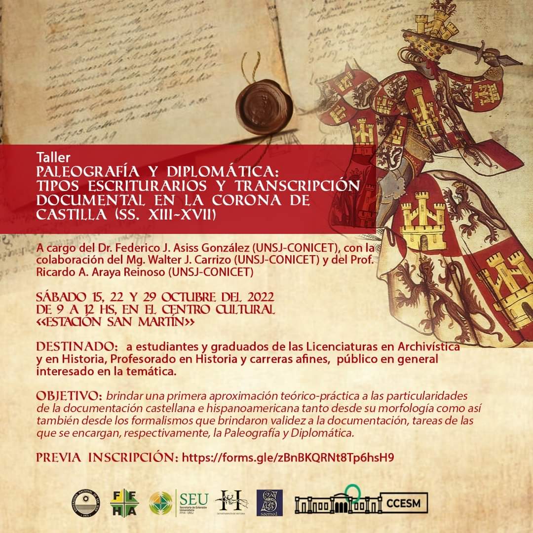 TALLER: 'Paleografía y diplomática: tipos escriturarios y transcripción documental en la Corona de Castilla (s. XIII-XVII)'.