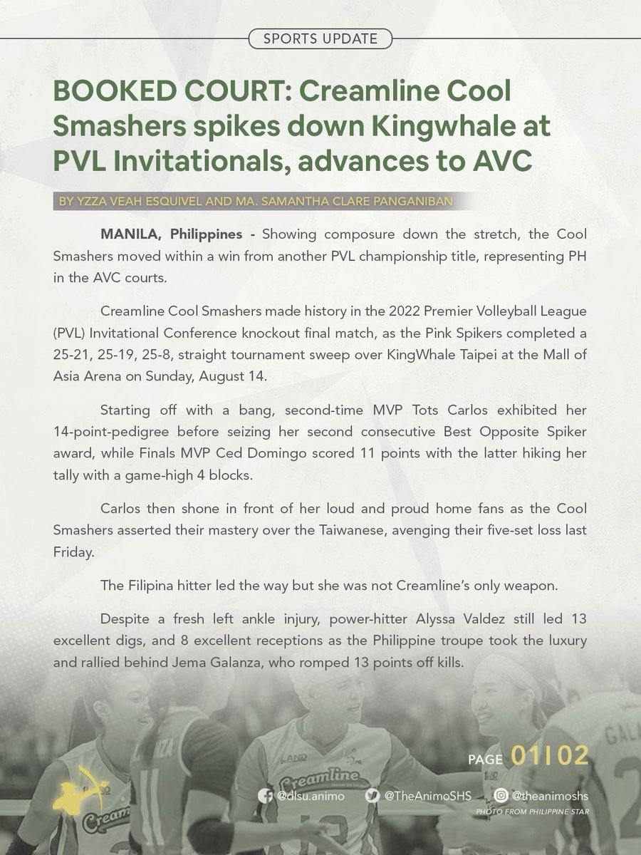 TheAnimoSHS's tweet photo. SPORTS UPDATE: BOOKED COURT: Creamline Cool Smashers spikes down Kingwhale at PVL Invitationals, advances to AVC 

Written by Yzza Veah Esquivel and Ma. Samantha Clare Panganiban
Layout by Elijah Chua https://t.co/Qo049ROKF9