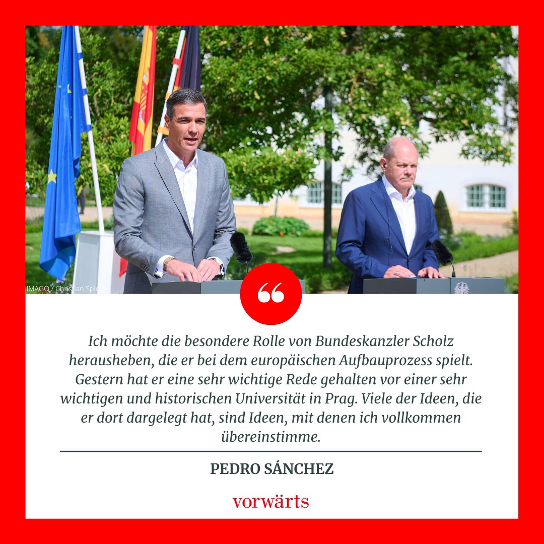 vorwaerts's tweet photo. Eine positive Rückmeldung des spanischen Ministerpräsidenten @sanchezcastejon zu der #PragerRede von @bundeskanzler @olafscholz gestern! https://t.co/tDXzM8ENr0