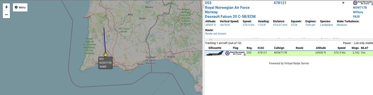 civ_pt's tweet photo. Royal Norwegian Air Force 🇳🇴, DASSAULT Falcon 200  #NOW717B, over south Portugal 🇵🇹, inbound South.
#avgeeks #avgeek #aviationdaily #planespotting #haveglass #ADSB #military #now #royalnorwegianairforce #RNAF https://t.co/wd4ZRBwJyl