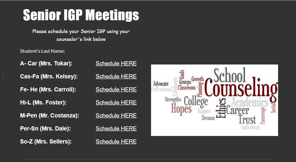 EhsDepartment's tweet photo. Parents, please visit the EHS School Counseling Website to schedule your 12th grade student's IGP meeting with your counselor. https://t.co/ql6qOKC31a