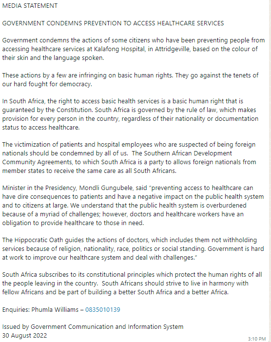miamalan's tweet photo. A Venda speaking woman was left distraught after an org wanted to bar her from entering Kalafong Hospital, claiming she's not SA'can.   

@HealthZA warns: The right to basic healthcare is guaranteed by the Constitution regardless of someone's nationality or documentation status. https://t.co/z1c2lexJ5s