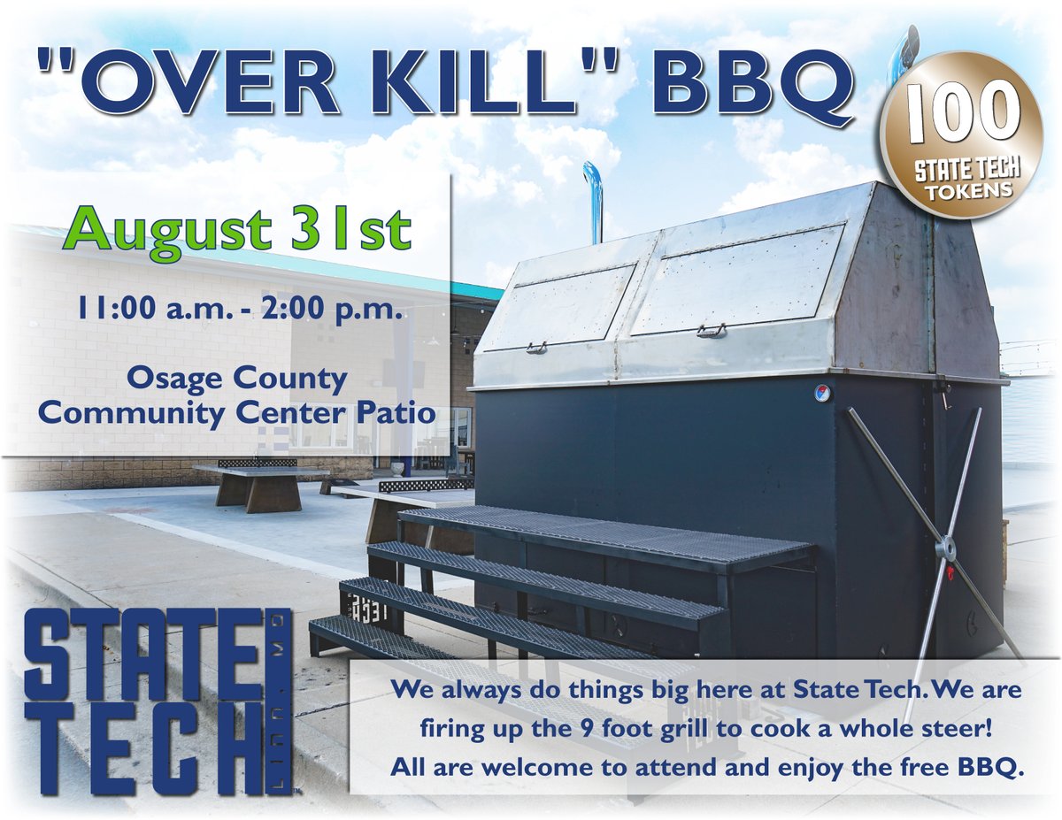 statetechmo's tweet photo. What a fun way to end August! Students, faculty and staff join us for our second annual #OverKillGrill here on the campus of #statetechmo. We will be grilling a whole steer! The best part is... the BBQ is FREE, so you won't want to miss out! https://t.co/Ihof3uyheb