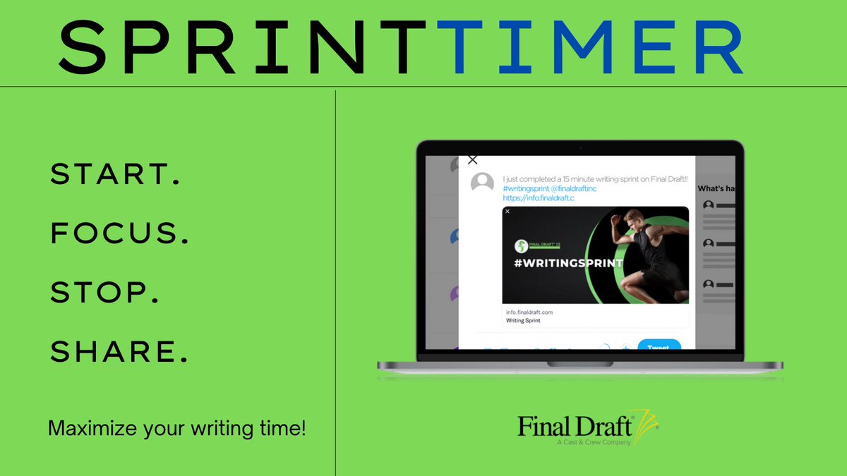 MidnightFilms2's tweet image. Write your screenplay fast with Final Draft. The industry standard screenwriting software now has a Sprint Timer that allows you to set a period of time where you can focus on writing as many words as possible. Learn more: info.finaldraft.com/writingsprint