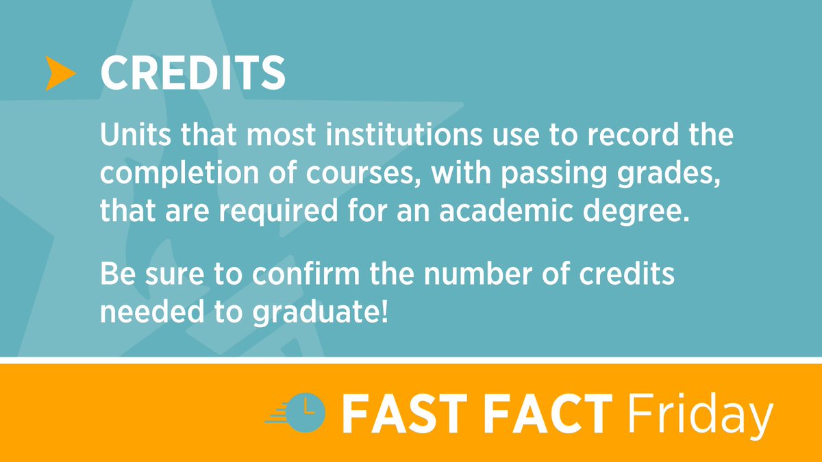 ▶️  Credits:  Units that most institutions use to record the completion of courses, with passing grades, that are required for an academic degree.  Be sure to confirm the number of credits needed to graduate!  #FastFactFriday