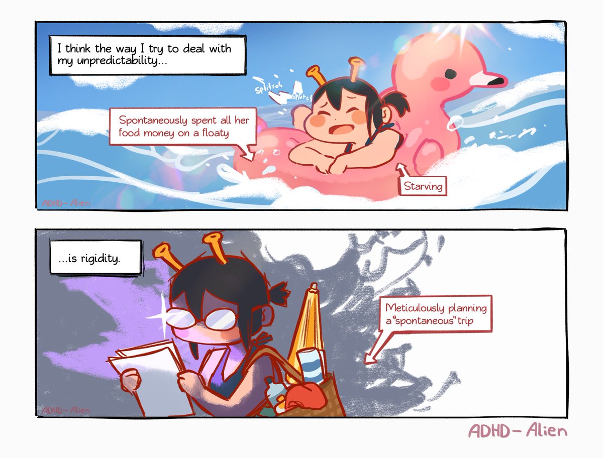 ADHD_Alien's tweet image. I don’t think I have ever really related to being “spontaneous” as an ADHDer until I figured out I was masking and experiencing two sides:

One who spontaneously throws all reason aside in order to buy something stupid 

And one who tries to prevent these “mistakes” at any cost