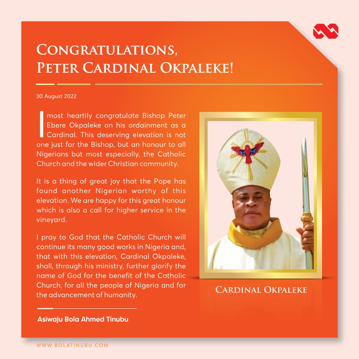 officialABAT's tweet photo. I most heartily congratulate Bishop Peter Ebere Okpaleke on his ordainment as a Cardinal. This deserving elevation is not one just for the Bishop, but an honour to all Nigerians but most especially, the Catholic Church and the wider Christian community. https://t.co/g2LvwSEtaW