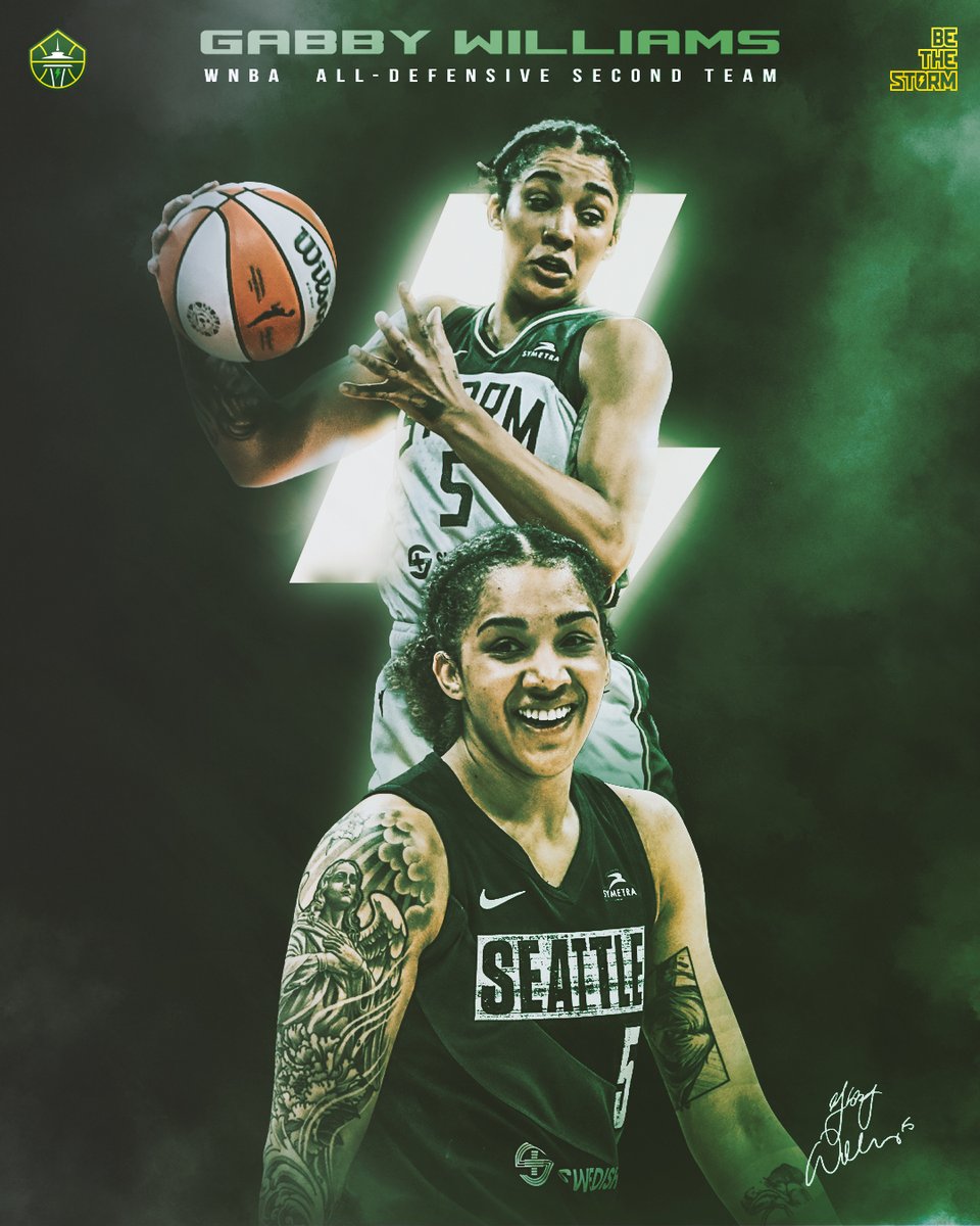 seattlestorm's tweet photo. 💪 GABBY DID THAT 💪

Congratulations to @gabbywilliams15 on receiving WNBA All-Defensive honors! 

#TakeCover https://t.co/gIVMLM6qoP