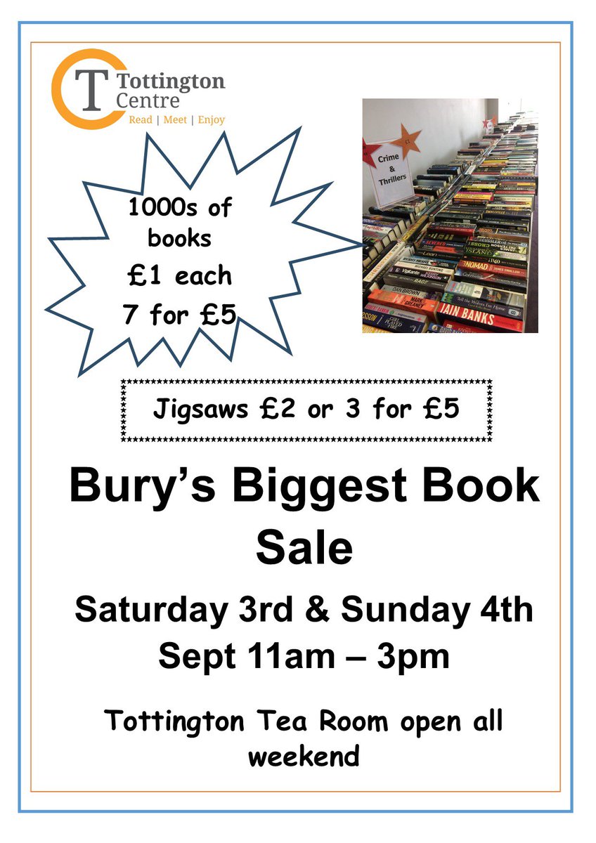 Bury’s biggest book sale is back THIS SATURDAY! 😄 Join us at The Tottington Centre to browse 1000s of books, all £1 each or 7 for £5 📚 The Tea Room will also be open all weekend 🫖