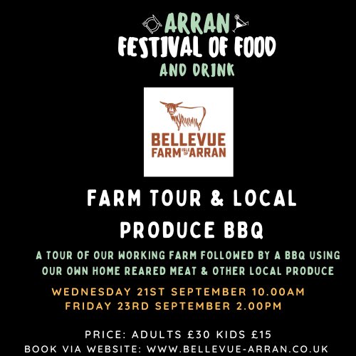 As part of the “Festival of Food” we’re excited to offer a tour of our working farm followed by a bbq using our own home reared produce! Hope you can make it!!😊🍔🥩🥗
#ScotFoodAmbassador #wearearran #bellevuearran #arran #visitarran #localproduce #homereared #farmtours