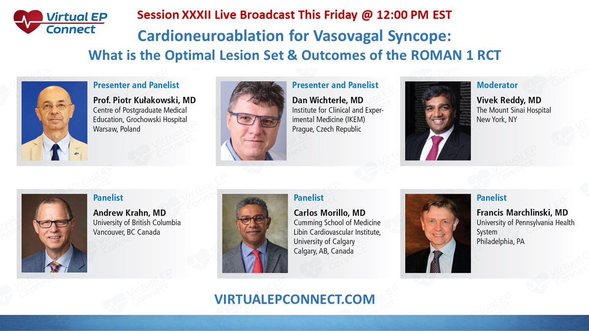 Virtual EP Connect (@connectep) on Twitter photo #epeeps Live @connectEP Broadcast this Friday @ 12 PM EST. Cardioneuroablation for Vasovagal Syncope. <a href="/VivekReddyMD/">Vivek Y. Reddy</a>, Francis Marchlinski, Piotr Kulakowski, <a href="/AndrewKrahnMD/">Andrew Krahn</a>, <a href="/CarlChiefCard/">Carlos A Morillo</a>, Dan Wichterle
virtualepconnect.com/program/series… #epeeps Live @connectEP Broadcast this Friday @ 12 PM EST. Cardioneuroablation for Vasovagal Syncope. <a href="/VivekReddyMD/">Vivek Y. Reddy</a>, Francis Marchlinski, Piotr Kulakowski, <a href="/AndrewKrahnMD/">Andrew Krahn</a>, <a href="/CarlChiefCard/">Carlos A Morillo</a>, Dan Wichterle
virtualepconnect.com/program/series…
