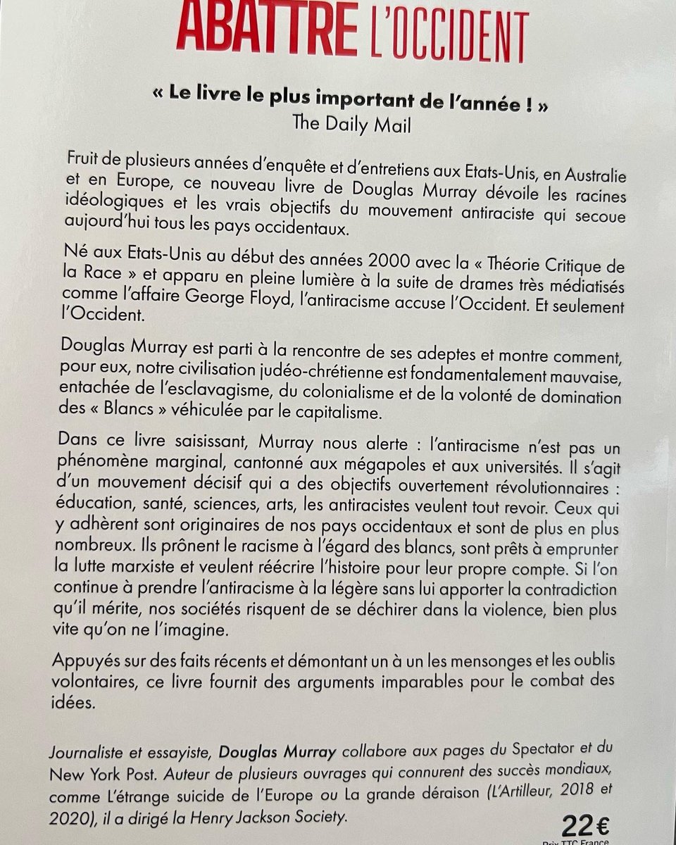 EdArtilleur's tweet photo. En librairies cette semaine le nouvel essai de Douglas Murray @DouglasKMurray (traduction du best-seller « War on the West ») 👇@EdArtilleur https://t.co/BvhPcizfIW
