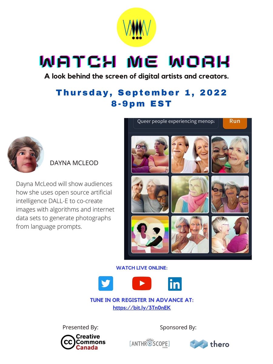 NeverGalReady's tweet photo. Join @Spatial_esk and I as we welcome #DaynaMcleod as to Watch Me Work this Thursday at 8pm LIVE @CC_Canada as she shows us how she uses #openAI to create images that reflect datasets about gender, aging and queerness. https://t.co/Zm2Gt6bhw1 #ArtificialIntelligence #AIart https://t.co/sGlsrmHufl