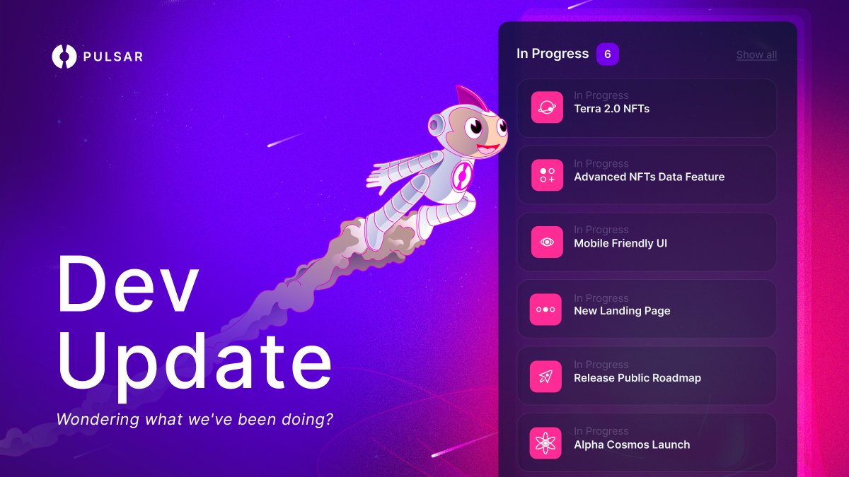 PulsarFinance's tweet photo. Wondering what we've been doing? 👀

Here's a small update on what our team has been working on 🦾
We are invested in improving the experience of all users on @terra_money and @cosmos 🚀

Excited?! 😎

#LUNAtics $LUNA $LUNC #COSMONAUTS #cosmos $ATOM https://t.co/qFoXeLLU2v