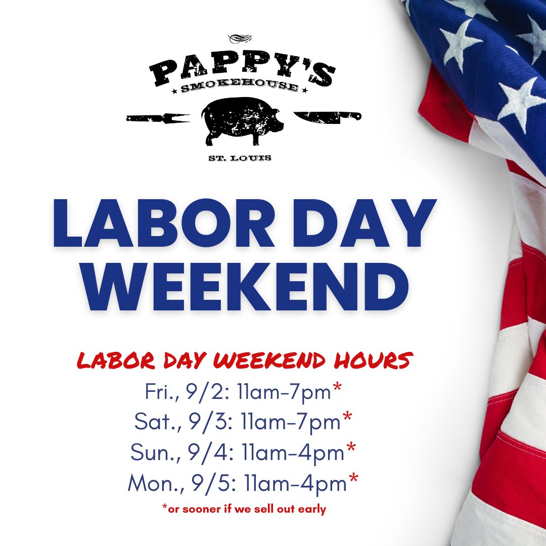 🚨 YES! We will be OPEN on LABOR DAY! 🙌 🇺🇸

Dine in or outside, order online and call in those pick up orders early! pappys-smokehouse.square.site

#pappyssmokehouse #laborday #holidayweekend #bbq #barbecue #stleats #eatlocal #explorestlouis #celebratewithbbq
