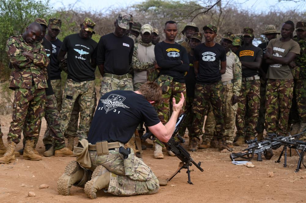 USSOCAF's tweet image. U.S. #SpecialOperationsForces conduct weapons familiarization training with members of the Kenyan Army during a Joint Combined Exchange Training. 

JCETs ensure U.S. #SOF are fully trained in their fundamental skills to support U.S. national security objectives.