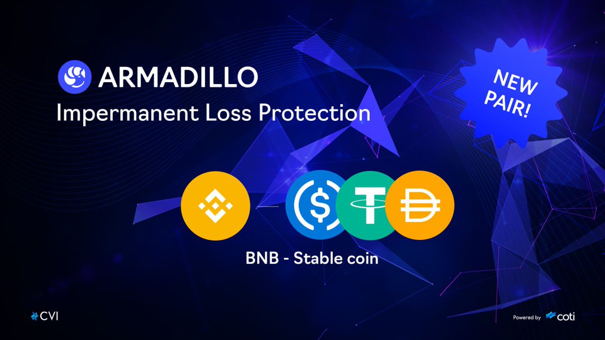 We are excited to announce that as of today we are protecting a new pair: BNB - DAI/USDT/USDC!

Those who are providing liquidity to the BNB - Stablecoin LPs are now able to protect themselves against Impermanent Loss

Protect yourself 👉 Armadillo.is

#Armadillo #ILP
