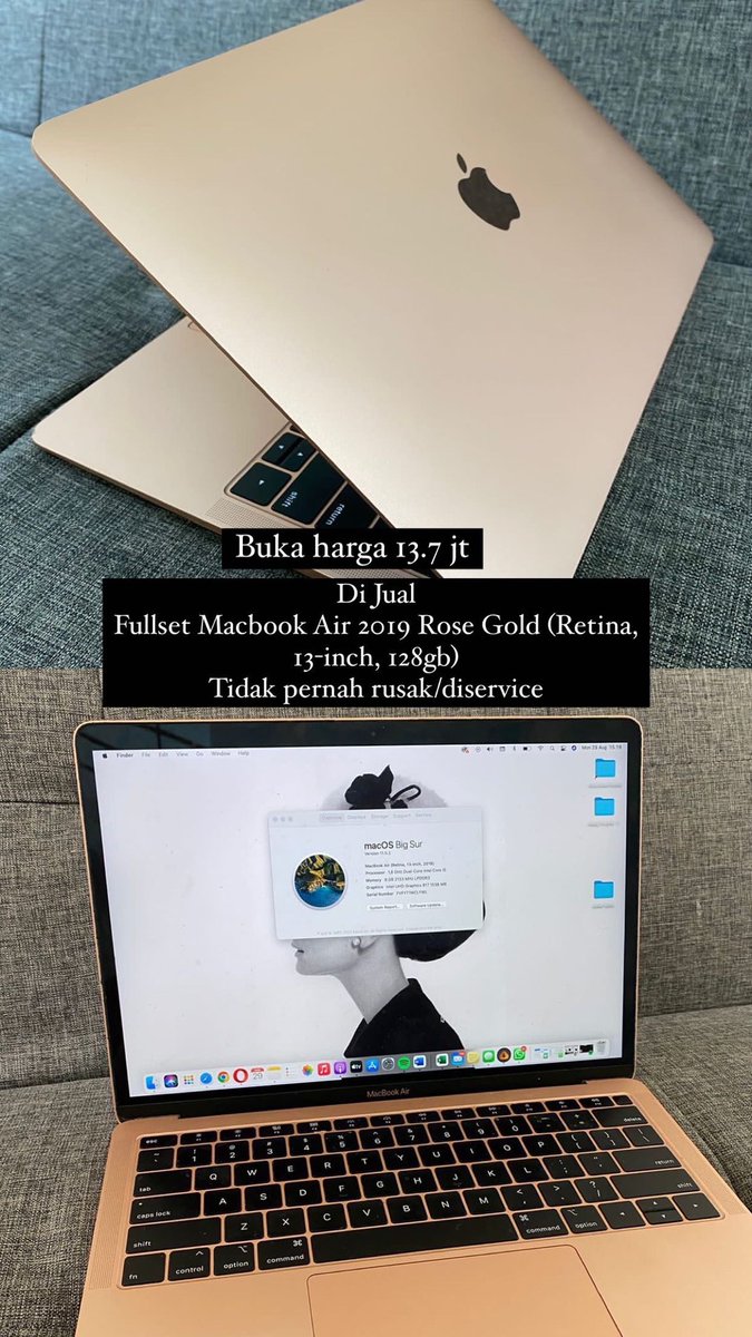 Husnarubyjane's tweet image. Dijual #MacBookAir #macbooksecond #apple #jualmacbook #wts #sale
Macbook Air 2019 Rosegold
(Retina, 13 Inch, 128gb)
#jualsecond #prelovedmacbook #Macbookair2019 #MacbookRosegold