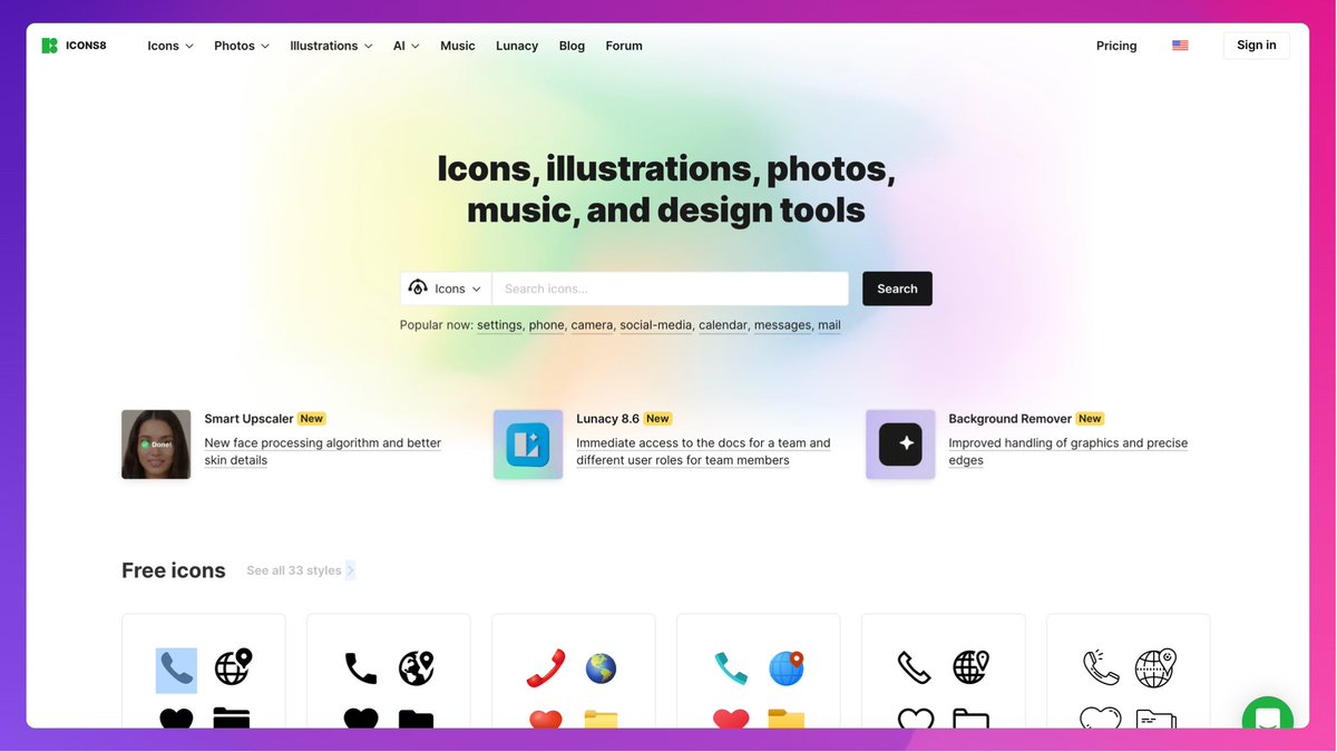 15. ICONS8

Otro buscador infinito de iconos e imágenes.
Muchas posibilidades pero no siempre salen iconos fáciles de usar o gratuitos.

icons8.com