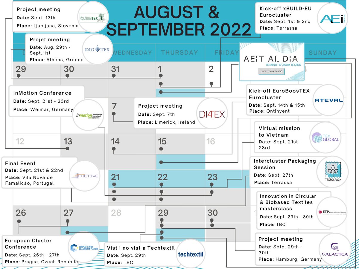 textils_cat's tweet photo. The #cluster team has come back from the summer break. This is our agenda for the coming weeks.
#advancedtextiles #networking #technicaltextiles
#cleantexproject #factiveproject
@GALACTICA_EU @ProjectDigitex https://t.co/8nARsvgNQC
