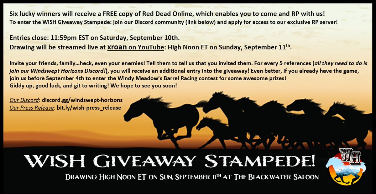 windswept_RP's tweet photo. We're excited to announce a WiSH Giveaway Stampede!! Details in the poster attached. Join our Discord for entry into this giveaway for a FREE copy of Red Dead Online! 🤠

Our Discord:https://t.co/v9wZdYBVhb
Our Press Release: https://t.co/WiOT5RcVOL
---
#redm #rdr2 #wishrp https://t.co/A9IpKsbcsw
