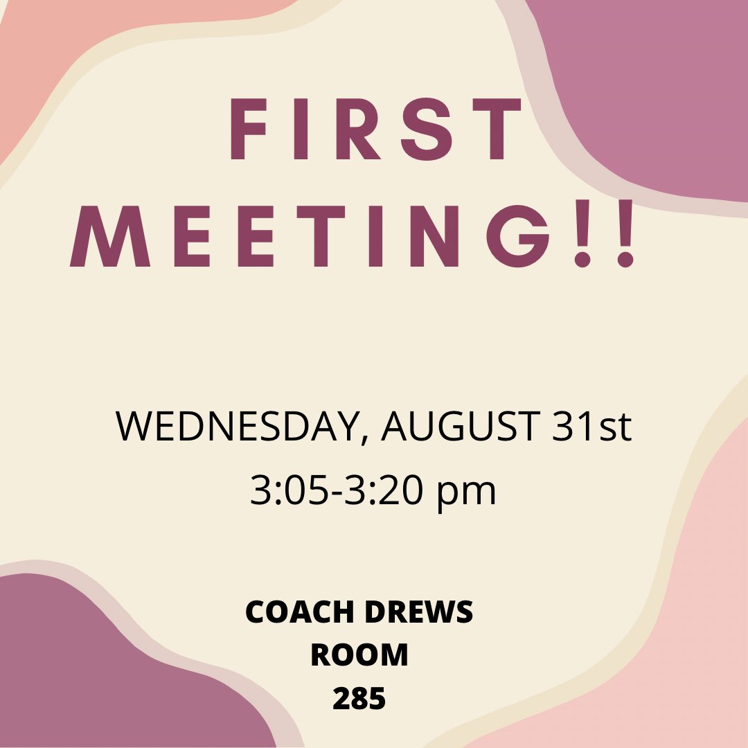 EastHosa's tweet photo. FIRST MEETING OF THE YEAR!! 
Next Wednesday!! 8/31 3:05 pm - 3:20 pm in Coach Drews room!

If you cannot make it there will be a make-up meeting Thursday morning @ 7:45 am https://t.co/1QTWBFyK4e