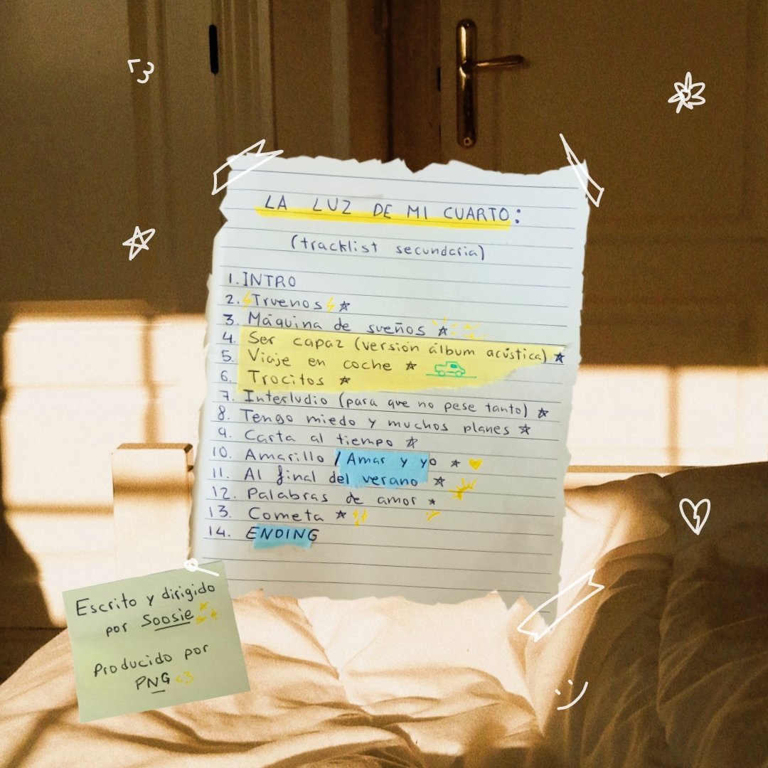 soosiedp's tweet photo. 🌟EL SÁBADO 3 POR LA NOCHE SALE "LA LUZ DE MI CUARTO"🌟
Ha sido un proceso larguísimo. @_garayoa_ ha producido el disco d mis sueños :) Me siento muy feliz d compartirlo con vosotros, con la gente q me escucha y q de verdad disfruta lo q hago. Un abrazo gigante desde mi cuarto ✨ https://t.co/DvLEyfuin4