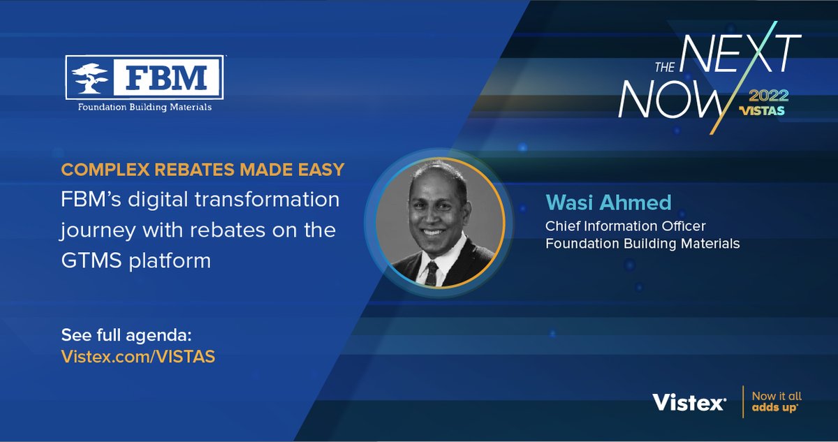 Vistex's tweet photo. In this session at #VISTAS2022, Wasi Ahmed will share @FBMSupply's success story to digitally transform and automate all their complex buy and sell side rebate programs using the GTMS platform.
https://t.co/Bgy447VoQ6
#wholesale #digitaltransformation #rebates https://t.co/rgnCnnuMAq