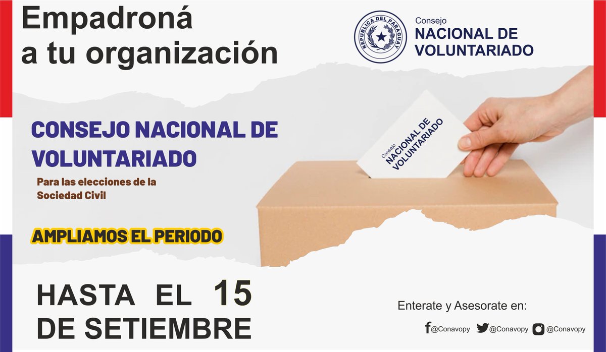 ConavOpy's tweet image. AMPLIAMOS EL PERIODO DE INSCRIPCIÓN. El Consejo Nacional de Voluntariado CONAVO, abre empadronamiento de las Organizaciones de la sociedad Civil que deseen integrar el consejo para potenciar el Voluntariado en Paraguay
inscribete en forms.gle/dYf49eHnT7Y3jw…
#CONAVOpy #Voluntariado