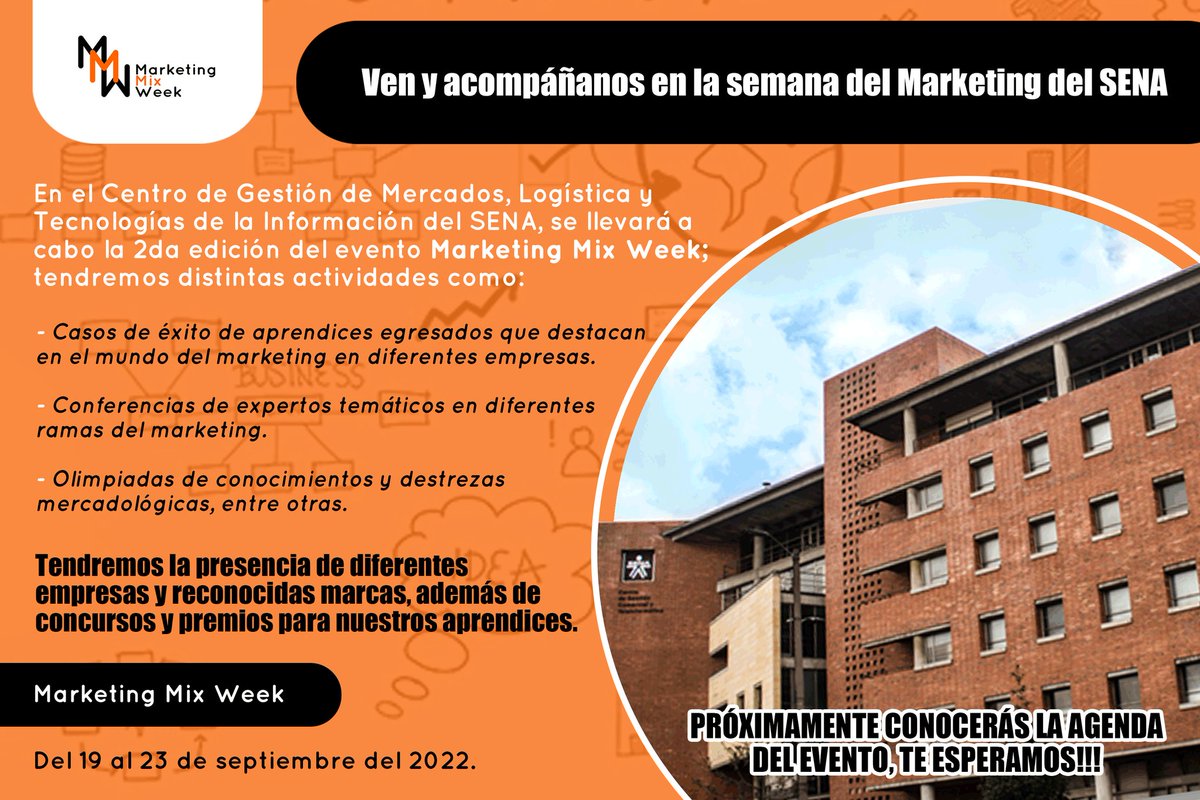 mmwsena's tweet photo. Si eres aprendiz de mercadeo del SENA CGMLTI, te invitamos a participar en esta 2da edición de la semana del mercadeo Marketing Mix Week

#marketingmixweek
#mmwsena
#mmw
#SENA https://t.co/CdbyTN8WQ2