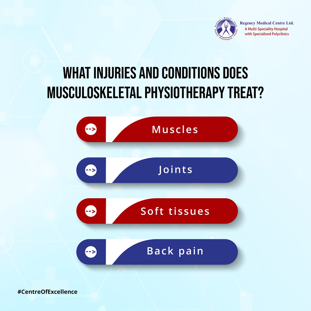 Musculoskeletal Physiotherapy deals with injuries &amp; pain related to joints, injuries, soft tissues &amp; muscles. It helps in a variety of ways from reducing swelling to improving the strength &amp; flexibility of muscles. At RMC, we have experts that can help you treat such problems.