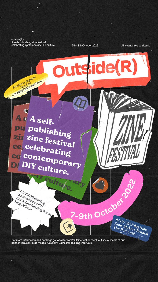 outside(R) Zine Fest COV (@outsidefest) on Twitter photo We're so happy with this fantastic poster from Lewis Spencer for the upcoming outside(R) Zine Festival.
Venues are <a href="/FargoVillage/">FarGo Village</a> <a href="/CovCathedral/">Coventry Cathedral</a> and <a href="/the_pod_cafe/">The Pod Cafe</a>.
All events are free to attend, some events require booking. See pinned post for more details! We're so happy with this fantastic poster from Lewis Spencer for the upcoming outside(R) Zine Festival.
Venues are <a href="/FargoVillage/">FarGo Village</a> <a href="/CovCathedral/">Coventry Cathedral</a> and <a href="/the_pod_cafe/">The Pod Cafe</a>.
All events are free to attend, some events require booking. See pinned post for more details!